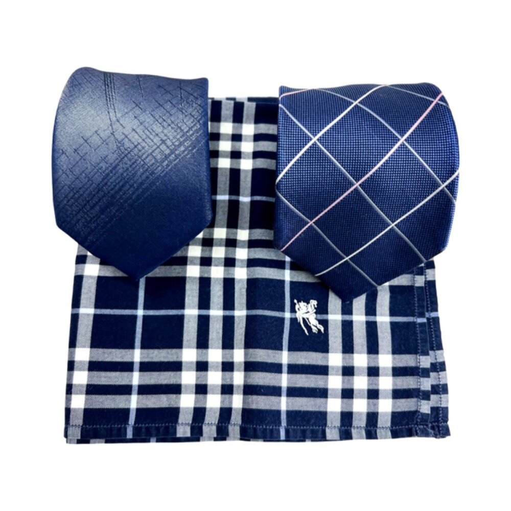Set: 2 Neckties Burberry Blue  & El  Groco  Italy +1 Burberry  Handkerchief (54 - Picture 2 of 15